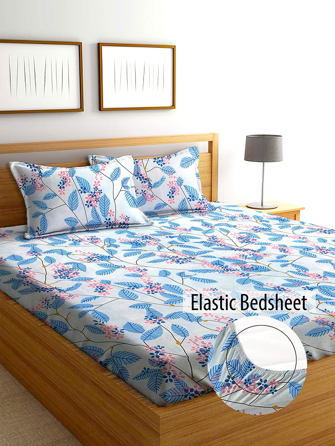 Glace Cotton Abstract Flat Fitted Bedsheet with 2 Pillow Covers