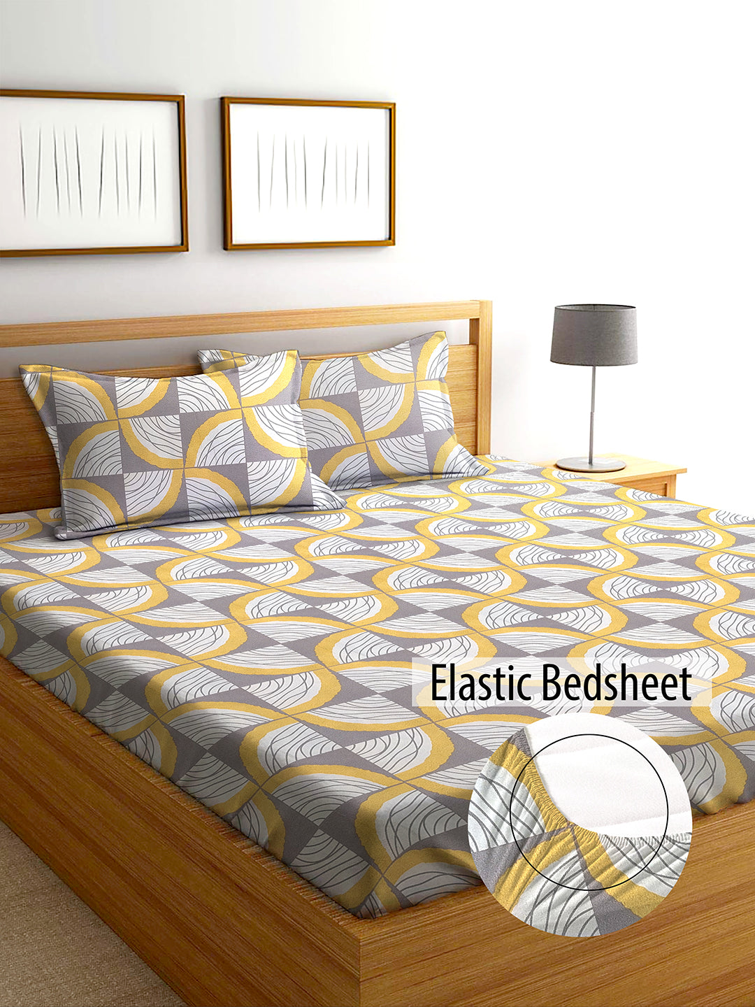 Glace Cotton Abstract Flat Fitted Bedsheet with 2 Pillow Covers