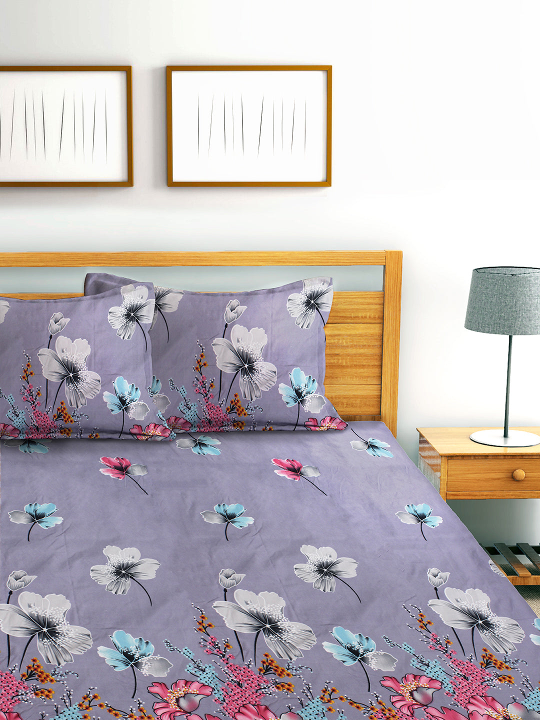 Glace Cotton Abstract Flat Fitted Bedsheet with 2 Pillow Covers