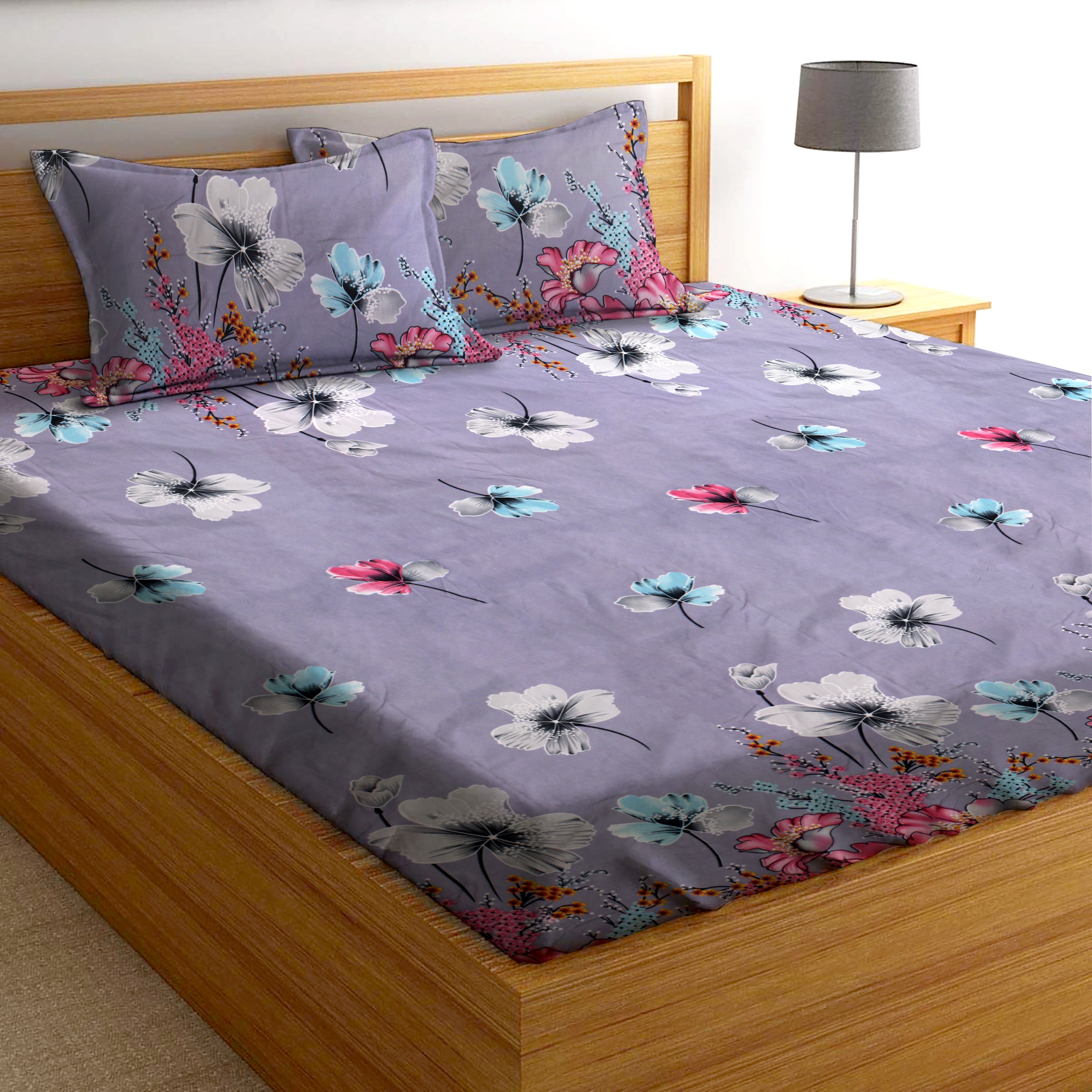 Glace Cotton Abstract Flat Fitted Bedsheet with 2 Pillow Covers