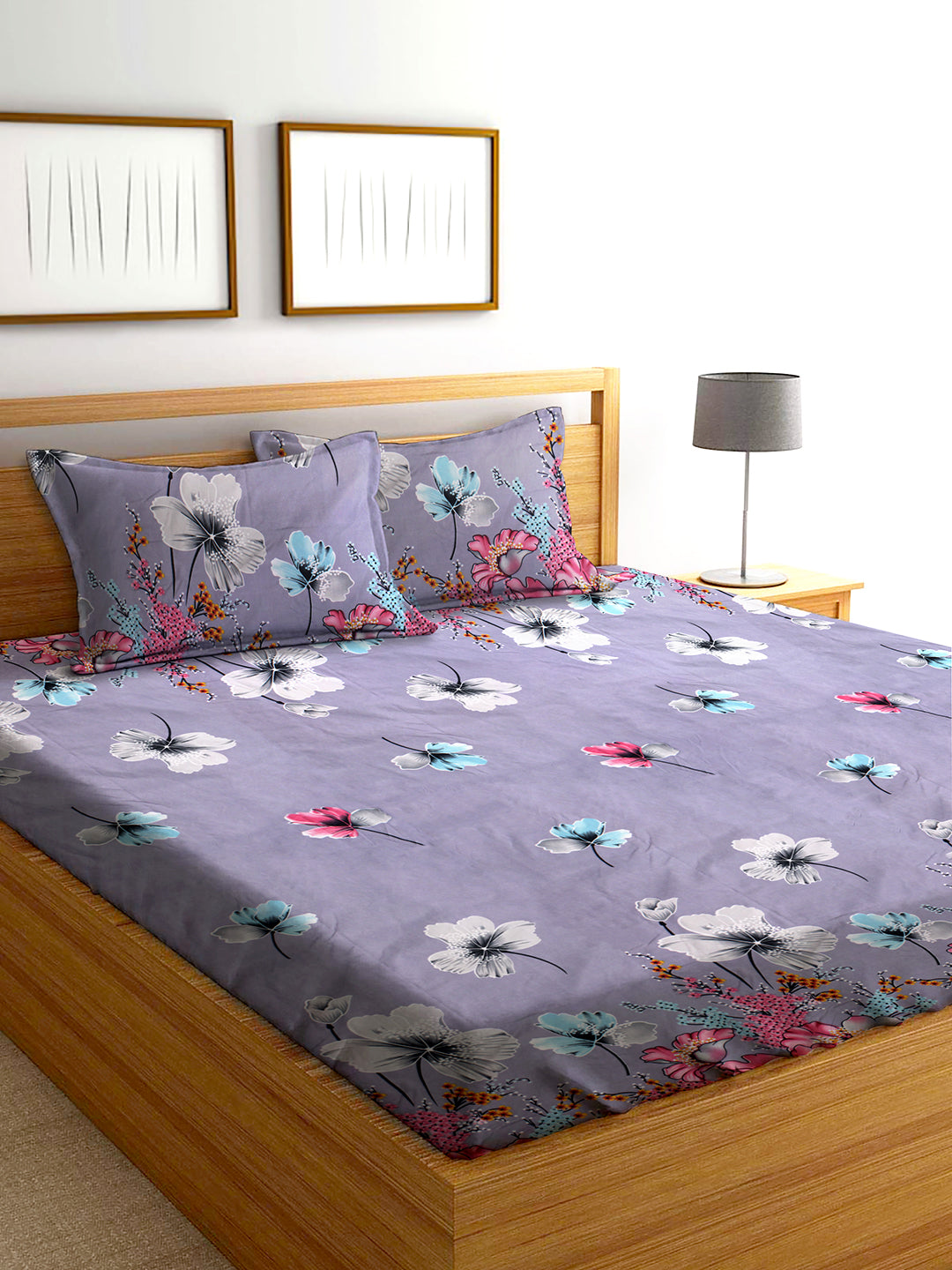 Glace Cotton Abstract Flat Fitted Bedsheet with 2 Pillow Covers