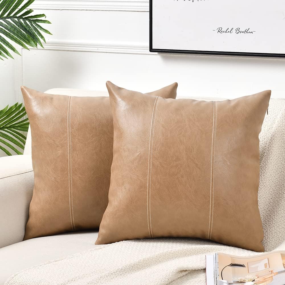 Set of 2 Over Stitched Faux Leather Throw/Pillow Cushion Covers