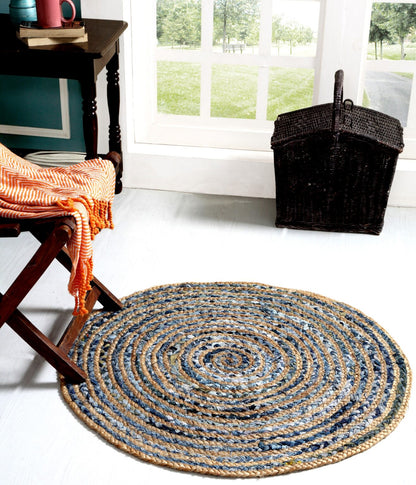 Jute and Denim Round Braided Modern Floor Rug Carpet