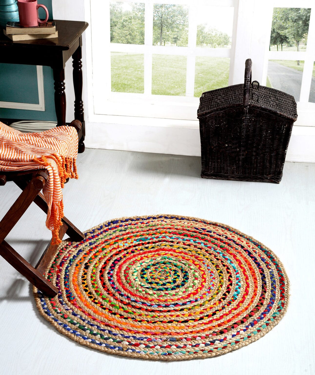 Jute and Cotton Chindi Round Braided Modern Floor Rug Carpet