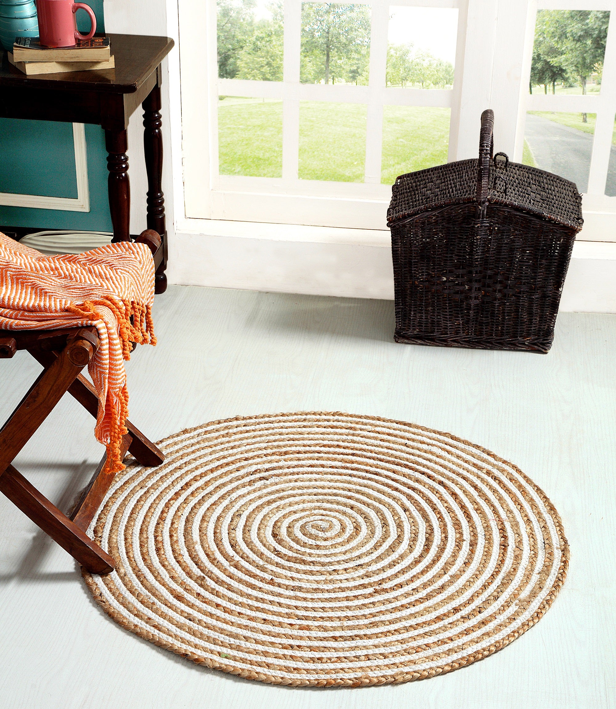 Jute and Cotton Round Braided Modern Floor Rug Carpet