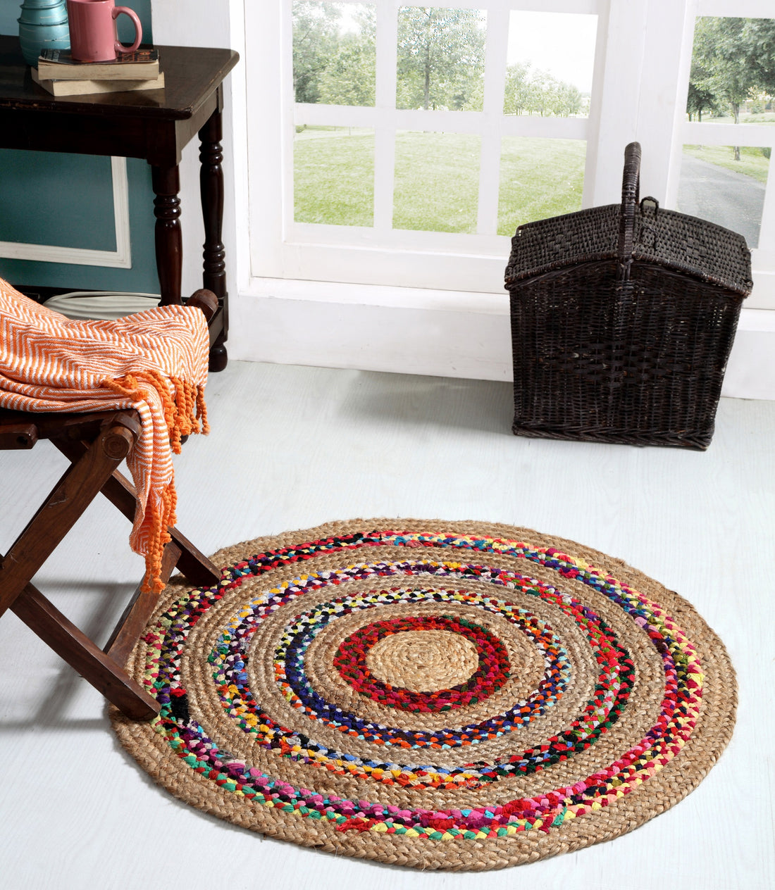 Jute and Cotton Round Braided Modern Floor Rug Carpet