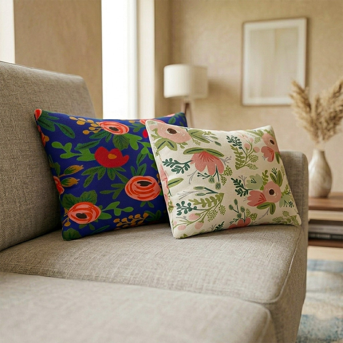 Set of 2 Floral Printed Cushion Covers – Decorative Sofa Throw Pillow Covers for Living Room