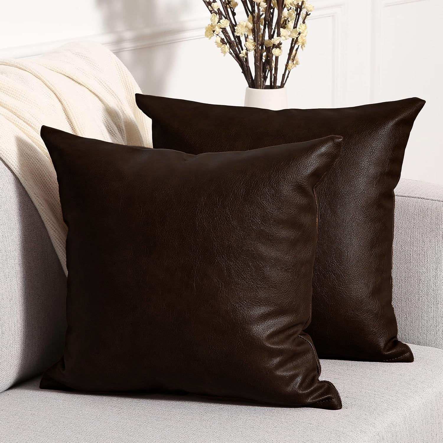 Set of 2 Solid Faux Leather Throw/Pillow Cushion Covers