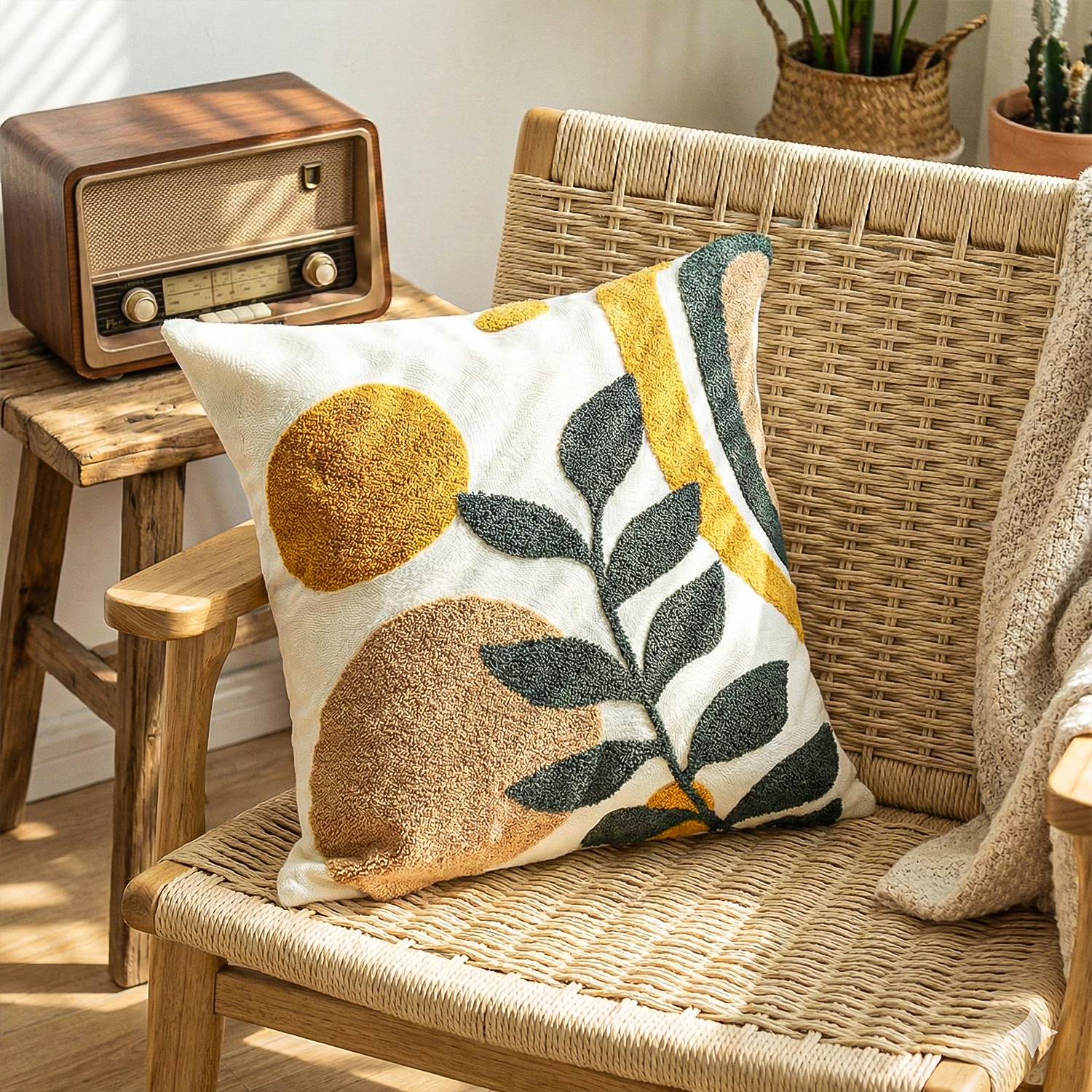 TERRA GROOVE Embroidered Cotton Cushion Cover 16x16