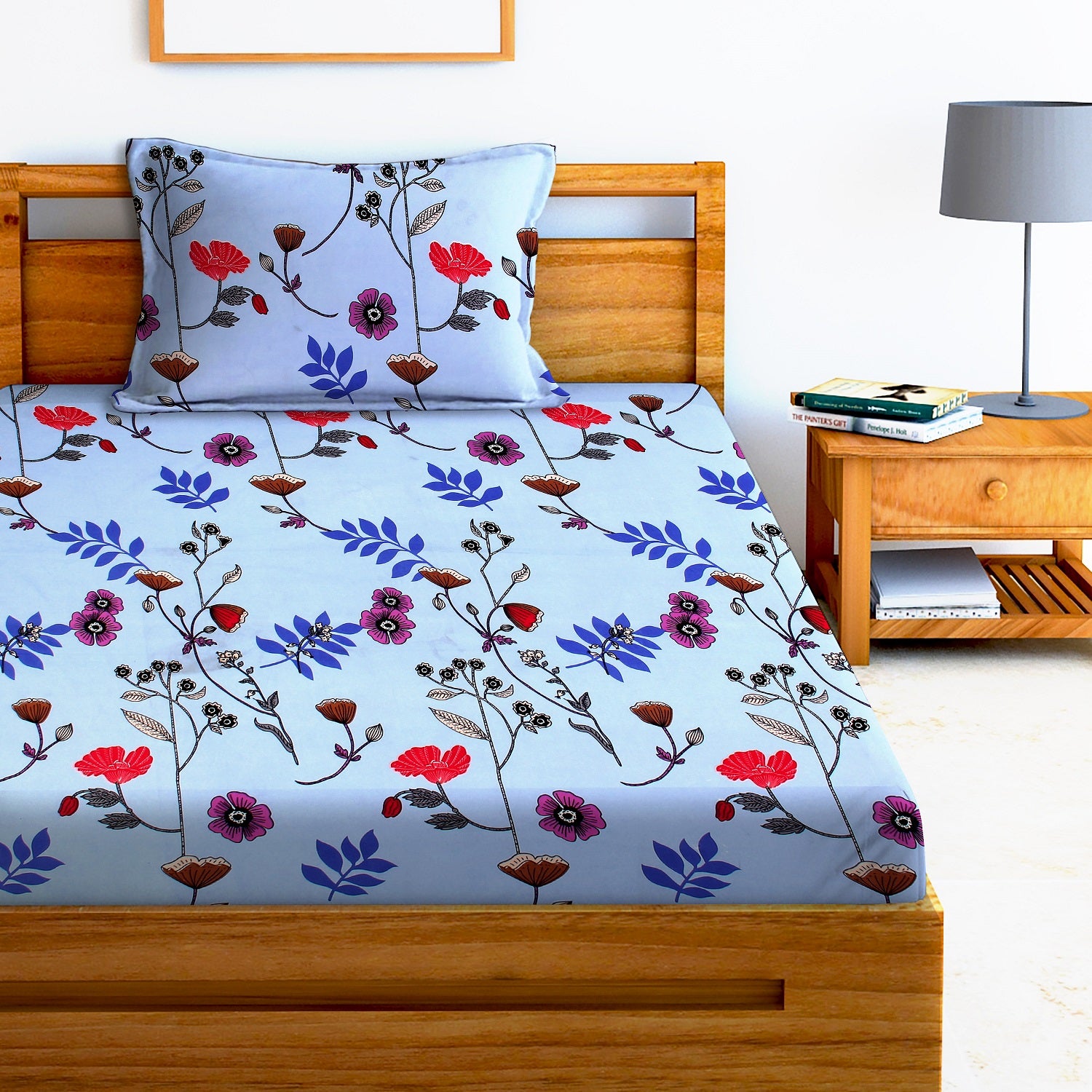 Glace Cotton Floral Flat Single Bedsheet with 1 Pillow Cover