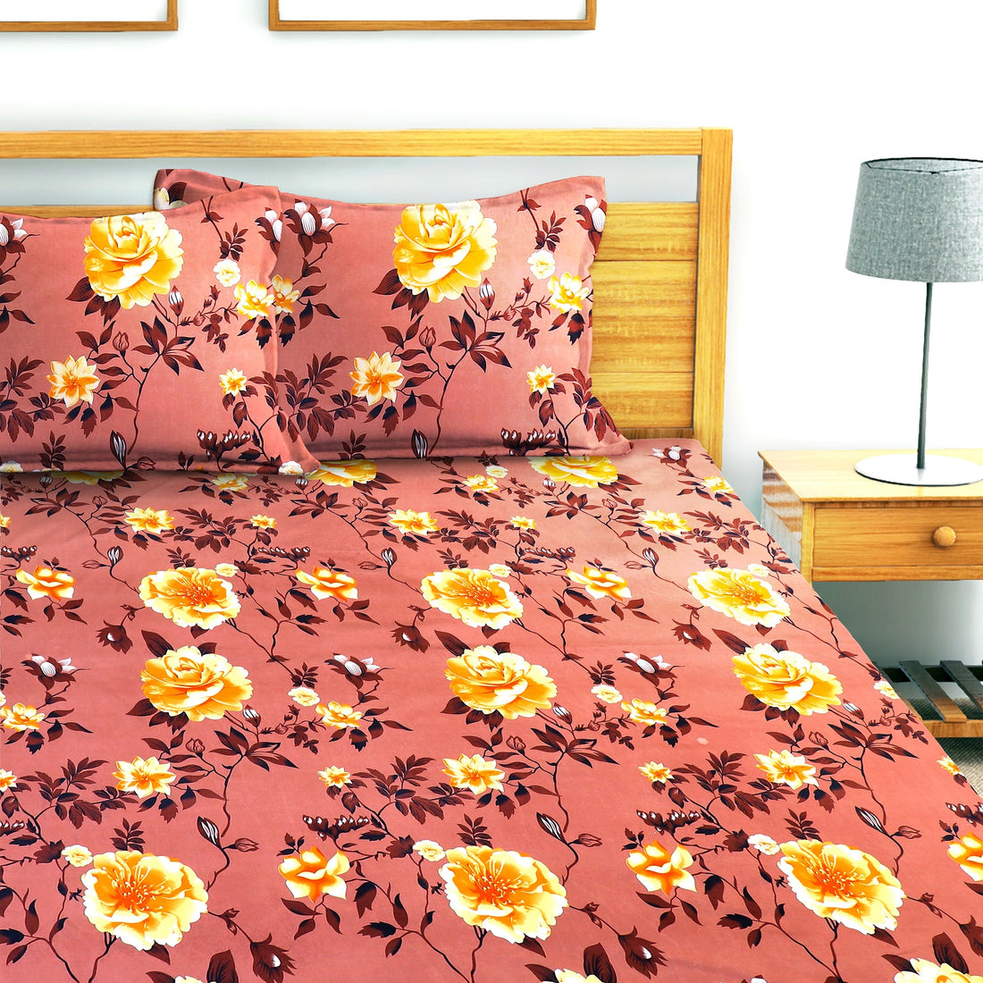 Cotton Floral Flat Double Bedsheet with 2 Pillow Covers