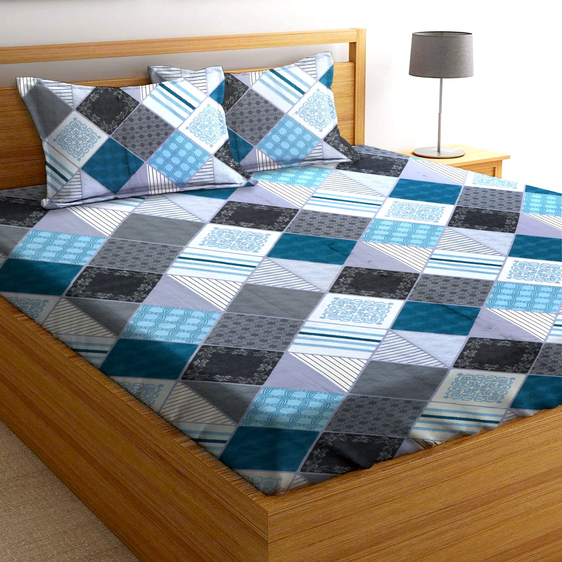 Glace Cotton Checkered Flat Double Bedsheet with 2 Pillow Covers