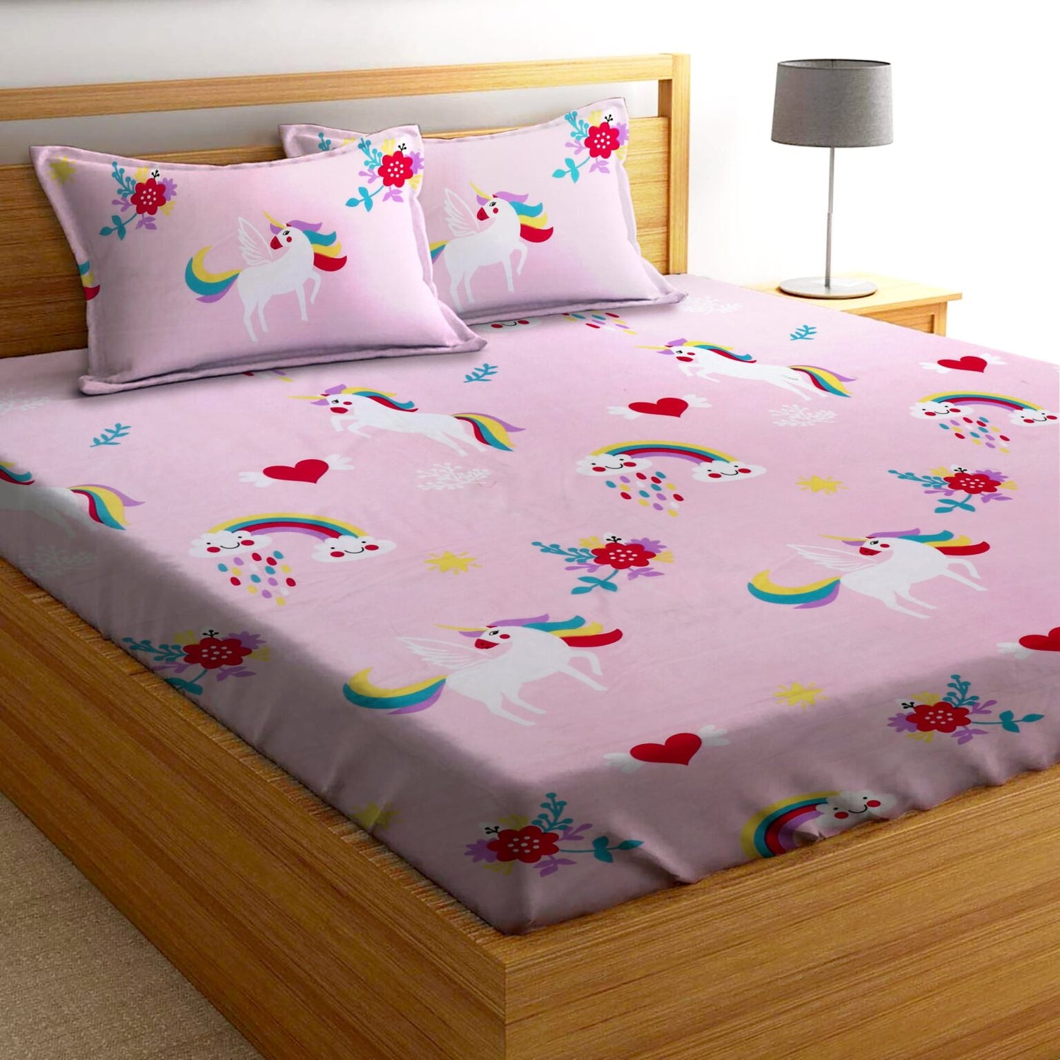 Glace Cotton Kids Cartoon Flat Double Bedsheet with 2 Pillow Covers