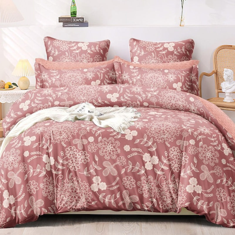 Premium Red &amp; White Floral Cotton 300 TC King Bedsheet With 2 Pillow Covers