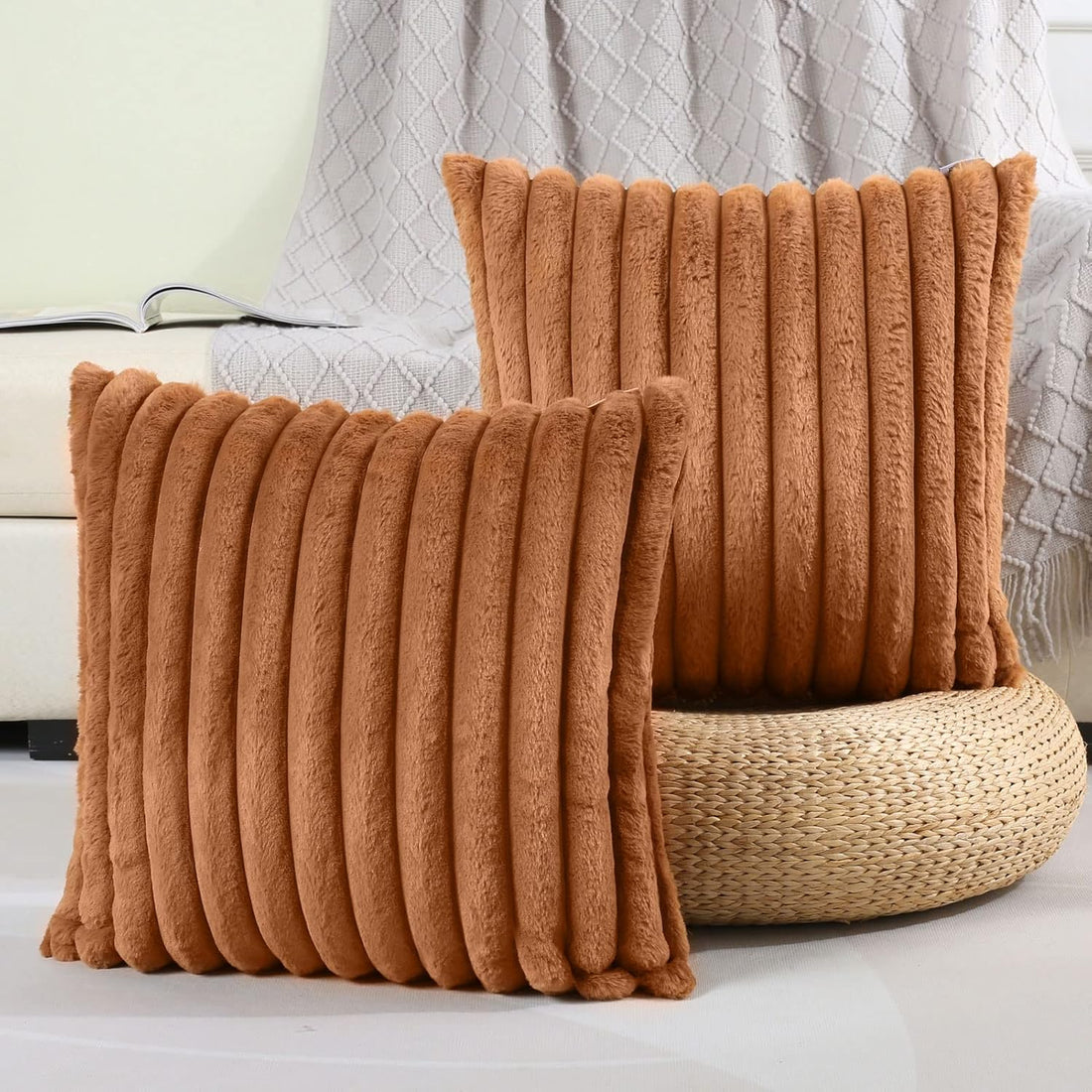 Set of 2 Premium Faux Rabbit Fur Plush Luxury Soft Fluffy Throw/Pillow Cushion Covers