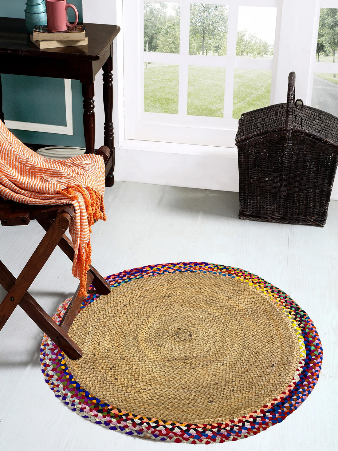 Jute and Cotton Round Braided Modern Floor Rug Carpet