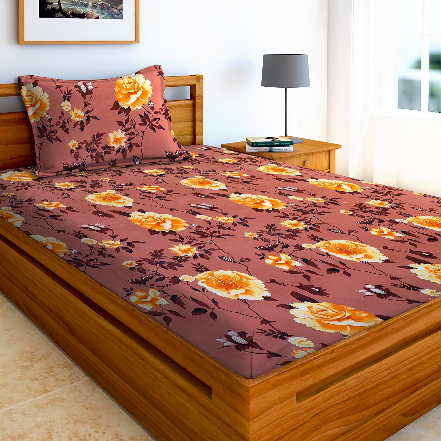 Glace Cotton Floral Flat Single Bedsheet with 1 Pillow Cover