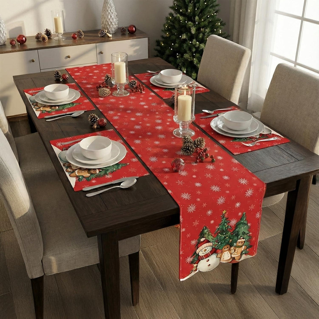 AEROHAVEN Christmas Dining Table Runner and Table Placemats Combo Festive Home Décor and Gifting