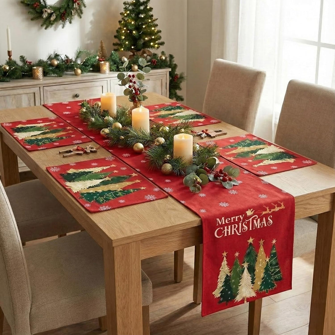 AEROHAVEN Christmas Dining Table Runner and Table Placemats Combo Festive Home Décor and Gifting