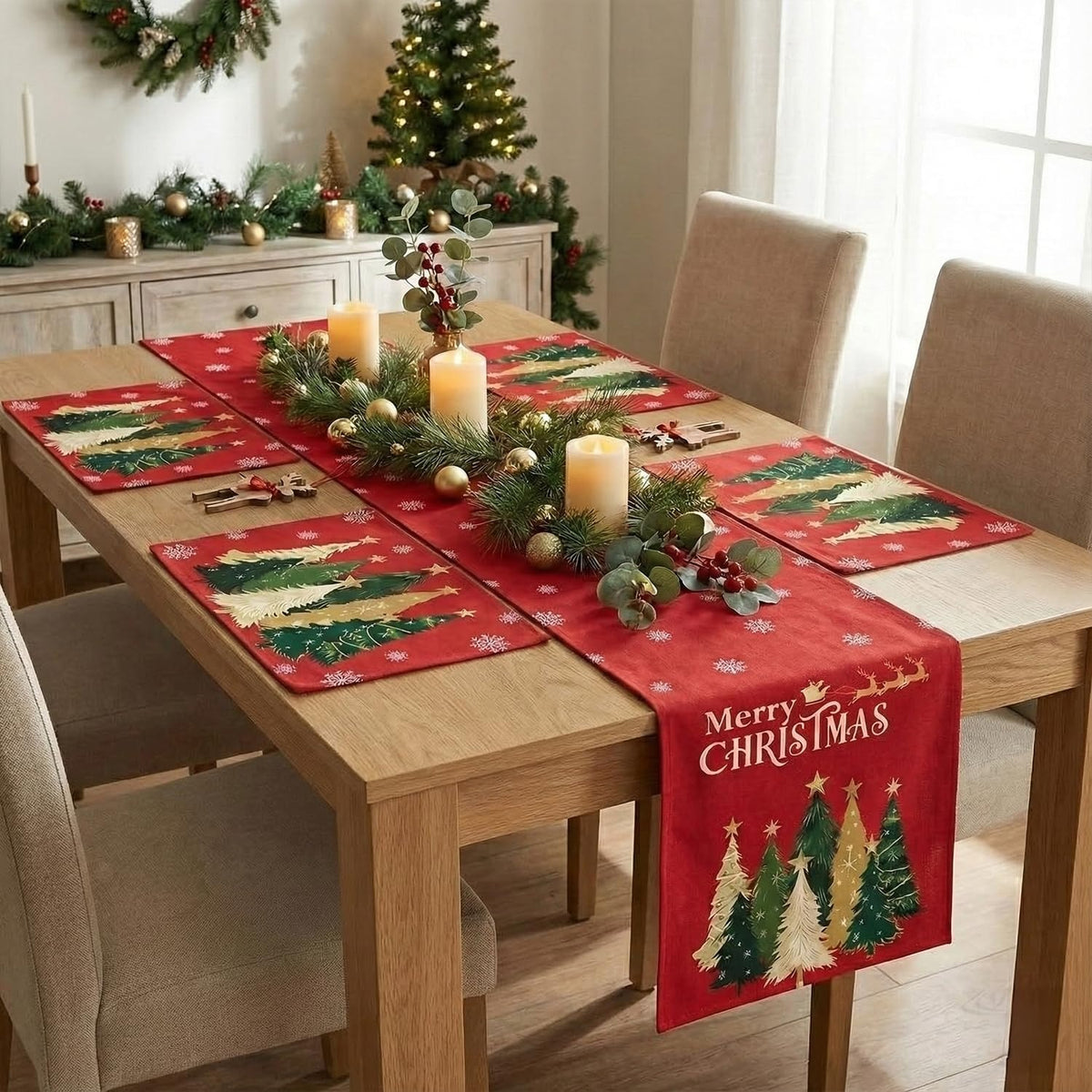 AEROHAVEN Christmas Dining Table Runner and Table Placemats Combo Festive Home Décor and Gifting