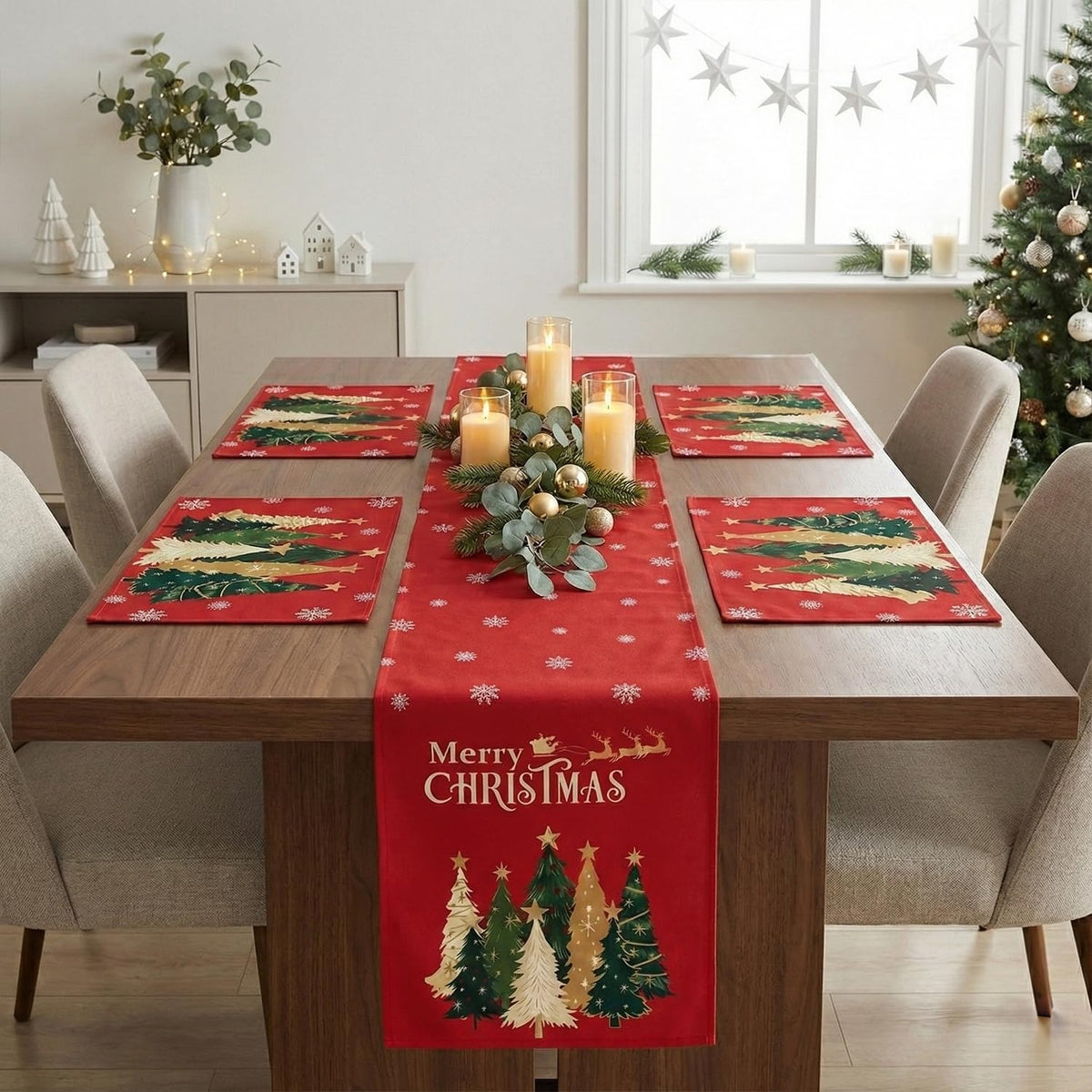AEROHAVEN Christmas Dining Table Runner and Table Placemats Combo Festive Home Décor and Gifting