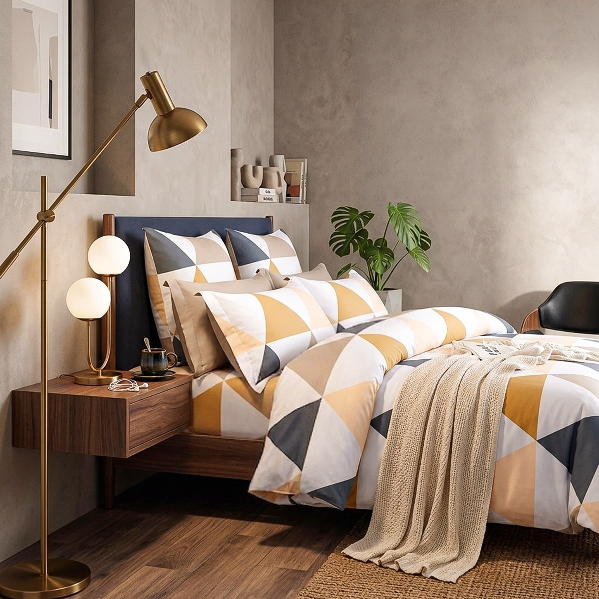 Geometric Printed King Size Bedsheet with 2 Pillow Covers | Soft Premium Fabric | Modern Bedroom Decor