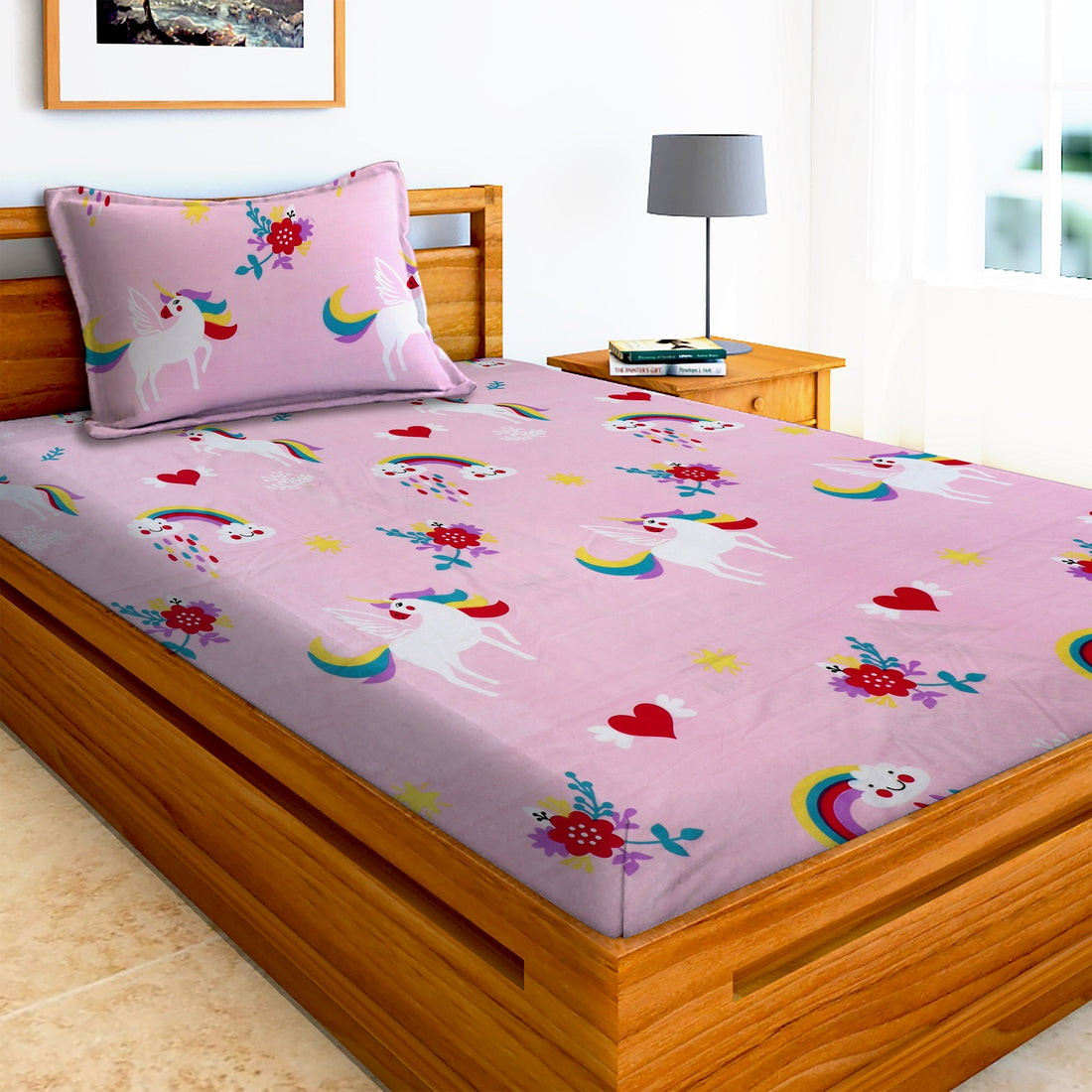 Glace Cotton Kids Cartoon Flat Single Bedsheet with 1 Pillow Cover