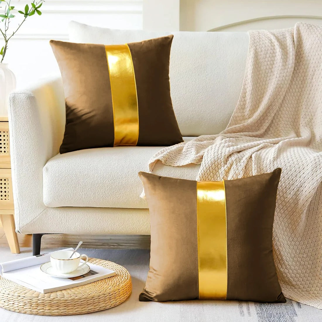 Premium Velvet Set of 2 Decorative Throw Pillow/Cushion Covers with Gold Stripe