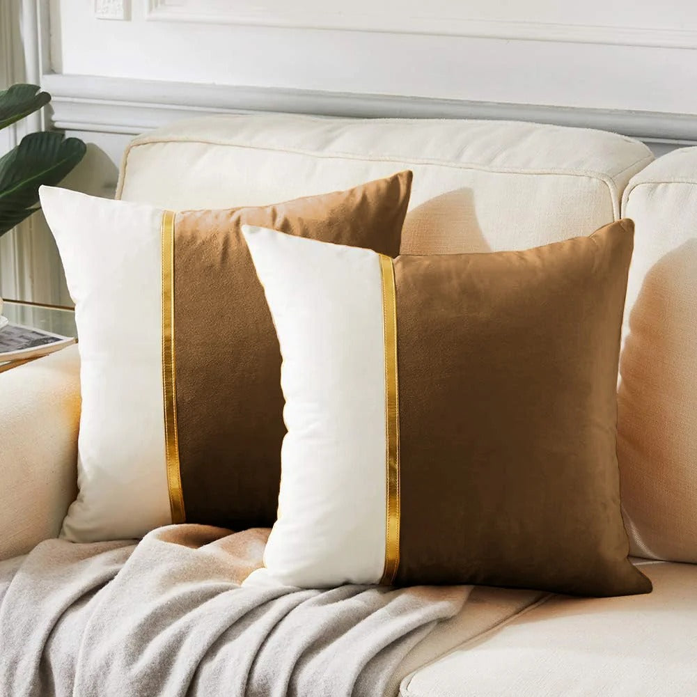 Premium Velvet Set of 2 Decorative Throw Pillow/Cushion Covers with Gold Stripe