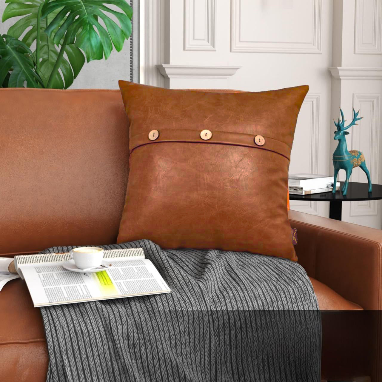 Set of 2  Faux Leather Throw/Pillow Cushion Covers with Triple Button