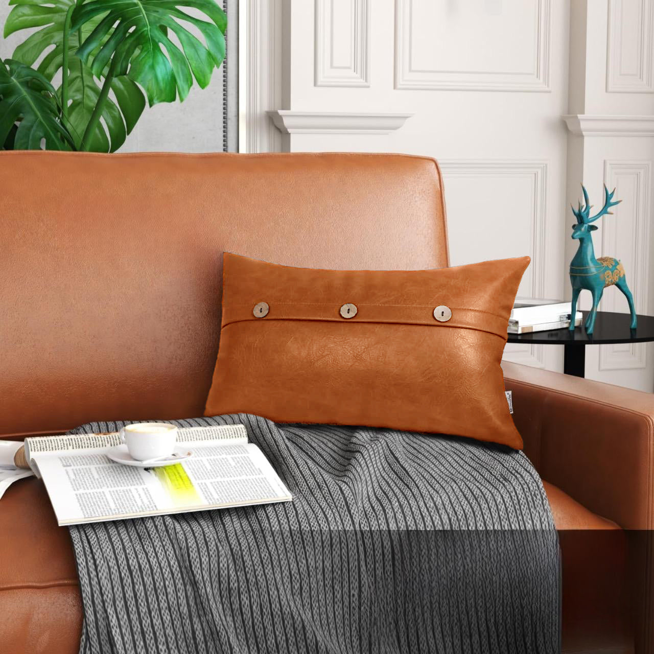 Set of 2  Faux Leather Throw/Pillow Cushion Covers with Triple Button