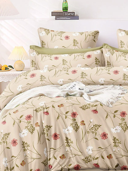 Premium Cream-Coloured Floral Cotton 300 TC King Bedsheet &amp; 2 Pillow Covers