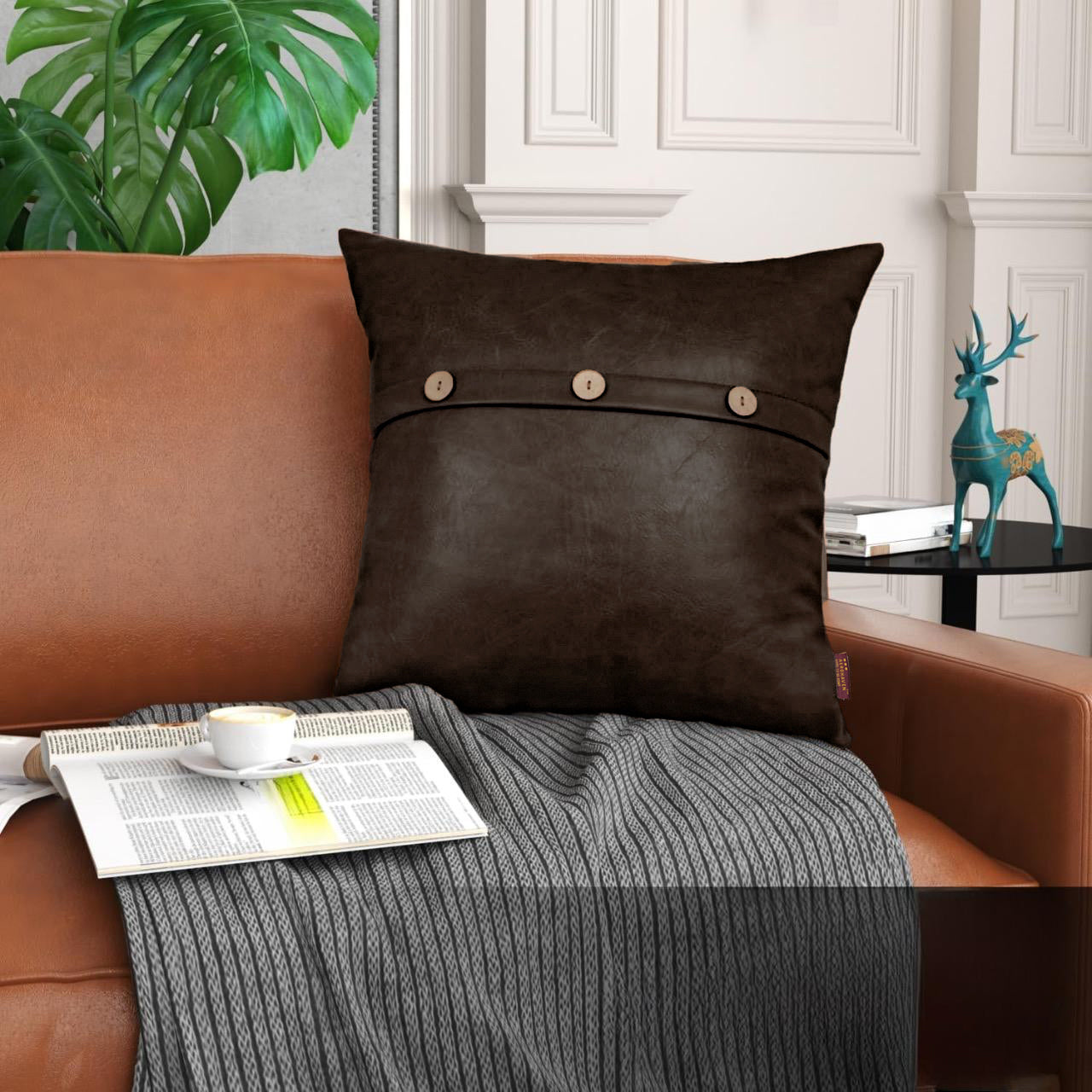 Set of 2  Faux Leather Throw/Pillow Cushion Covers with Triple Button