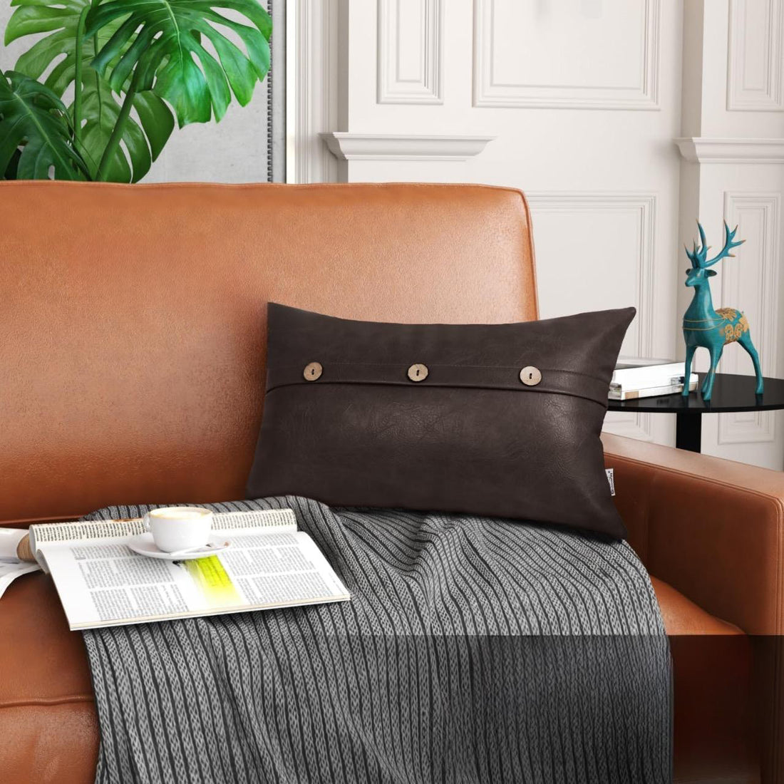 Set of 2  Faux Leather Throw/Pillow Cushion Covers with Triple Button