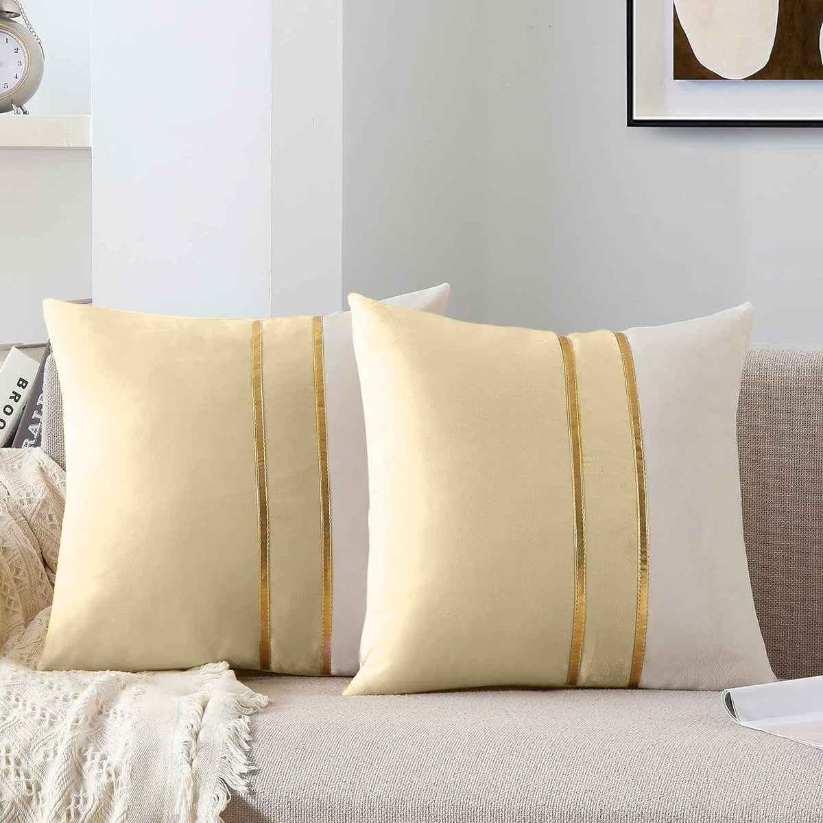 Premium Velvet Set of 2 Decorative Throw Pillow/Cushion Covers with Gold Stripes