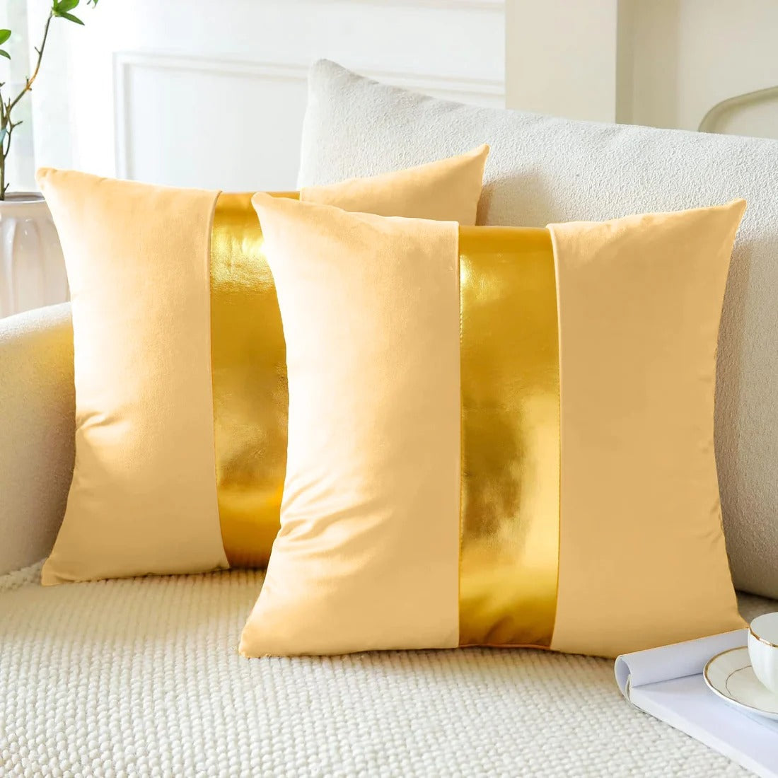 Premium Velvet Set of 2 Decorative Throw Pillow/Cushion Covers with Gold Stripe