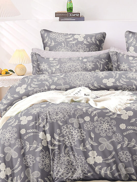 Grey &amp; White Floral Cotton 300 TC King Bedsheet with 2 Pillow Covers