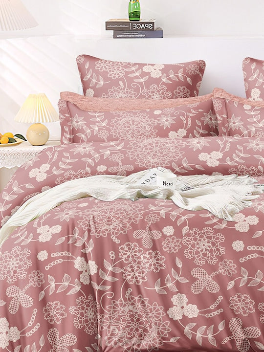 Premium Red &amp; White Floral Cotton 300 TC King Bedsheet With 2 Pillow Covers