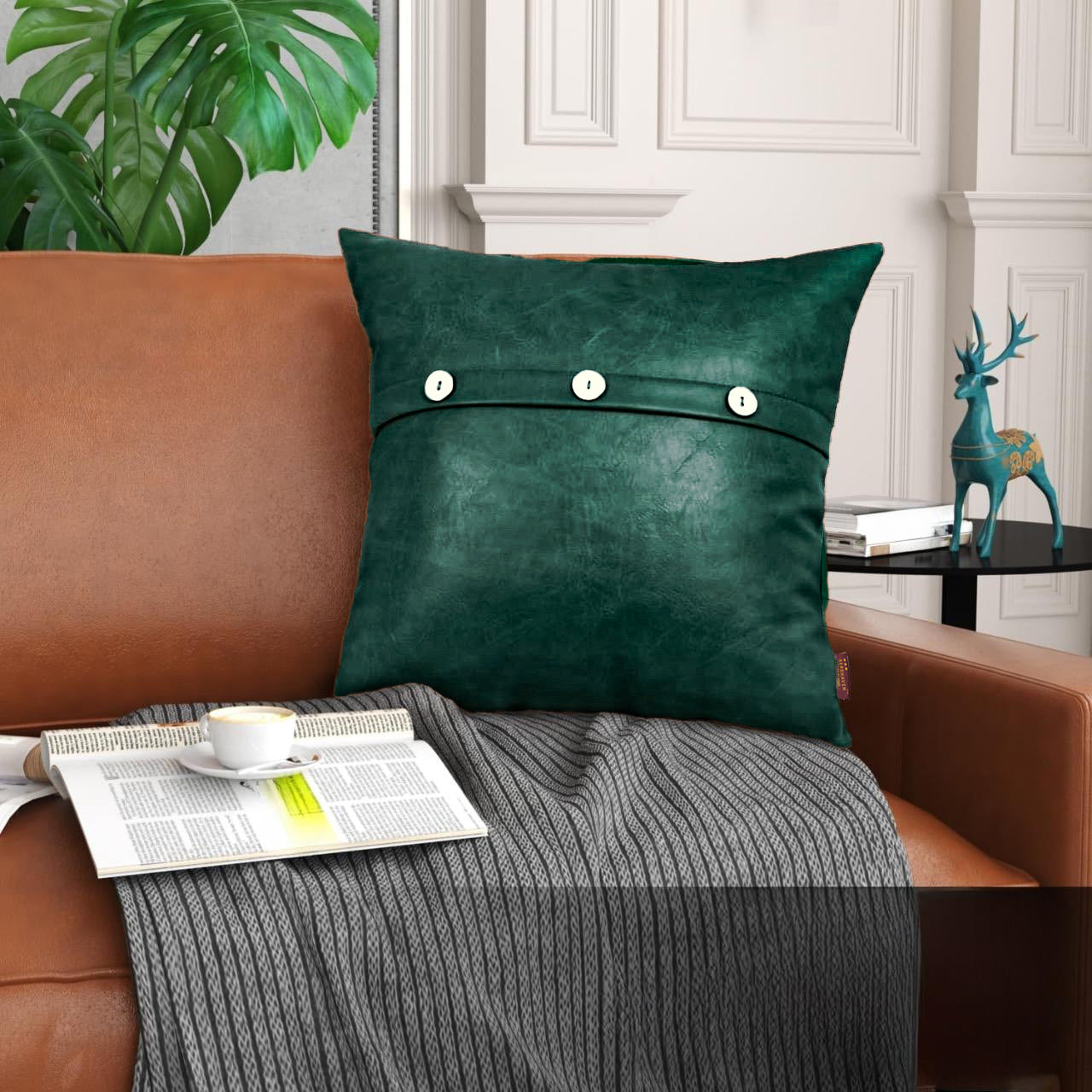 Set of 2  Faux Leather Throw/Pillow Cushion Covers with Triple Button
