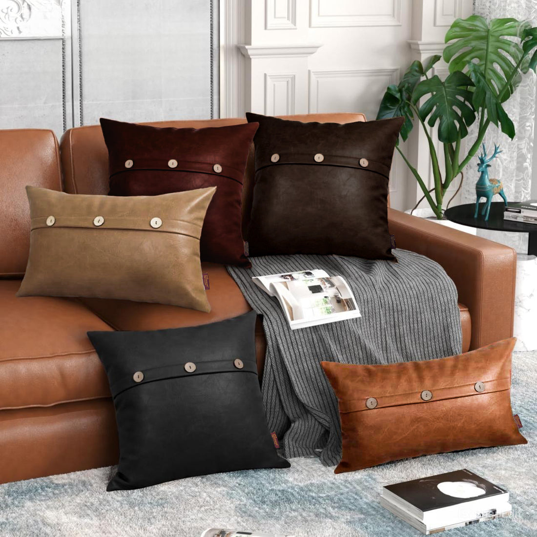 Set of 2  Faux Leather Throw/Pillow Cushion Covers with Triple Button