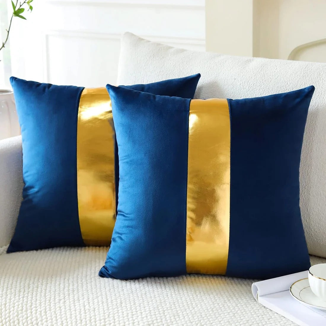Premium Velvet Set of 2 Decorative Throw Pillow/Cushion Covers with Gold Stripe