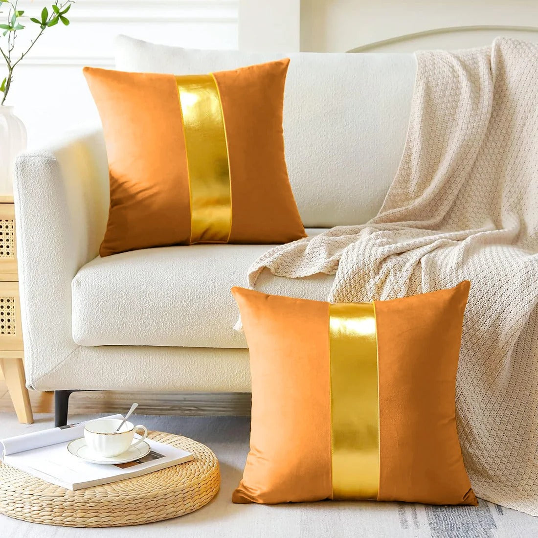 Premium Velvet Set of 2 Decorative Throw Pillow/Cushion Covers with Gold Stripe