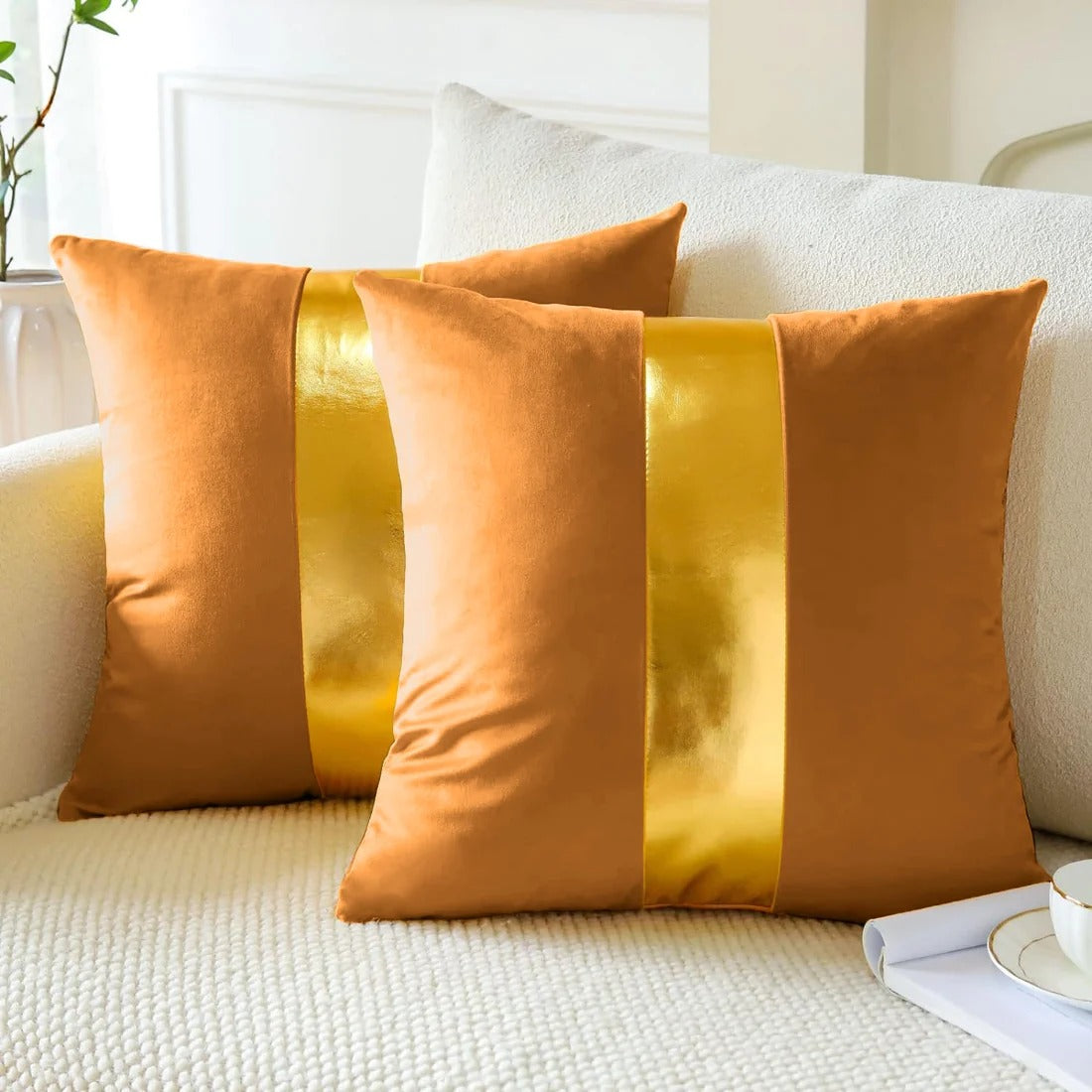 Premium Velvet Set of 2 Decorative Throw Pillow/Cushion Covers with Gold Stripe