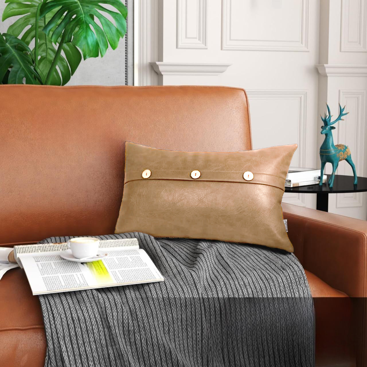 Set of 2  Faux Leather Throw/Pillow Cushion Covers with Triple Button